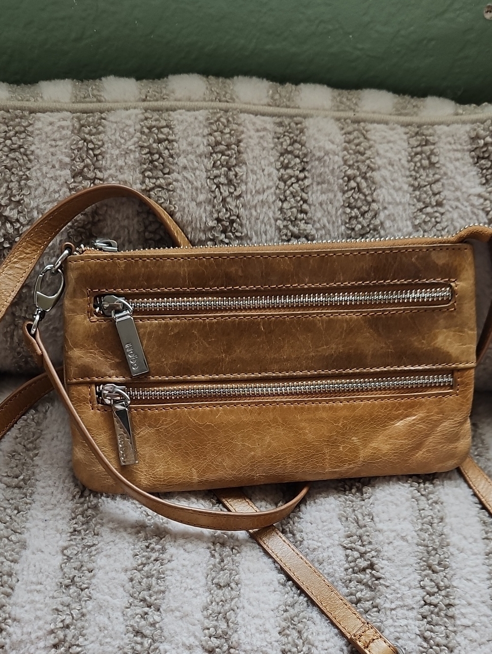 Tan Leather Crossbody Bag with Front Zippers